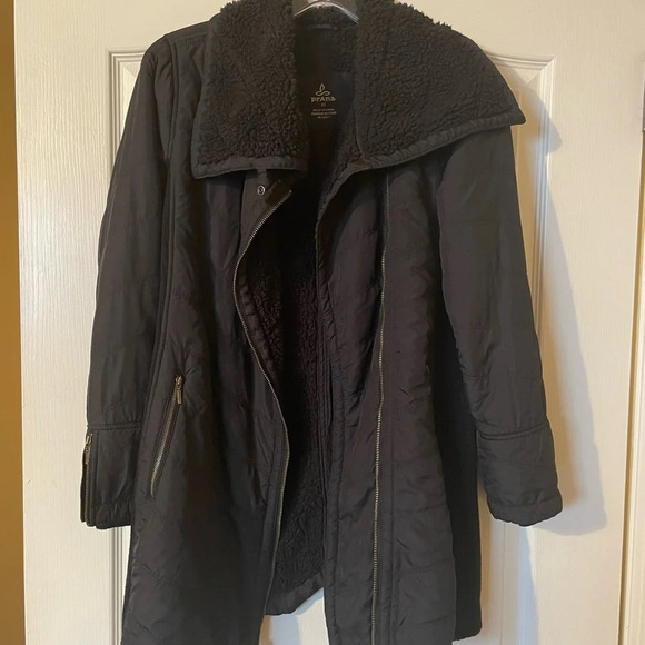 prAna Diva Quilted Sherpa Lined Long Jacket Size XS Black Asymmetrical Zip - Picture 6 of 11